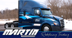 MARTIN: Redefining Trucking blue semi truck. CDL jobs sharing image.