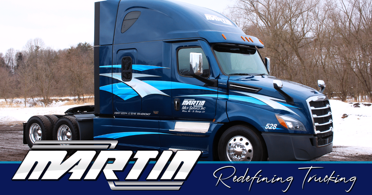 MARTIN: Redefining Trucking blue semi truck. CDL jobs sharing image.