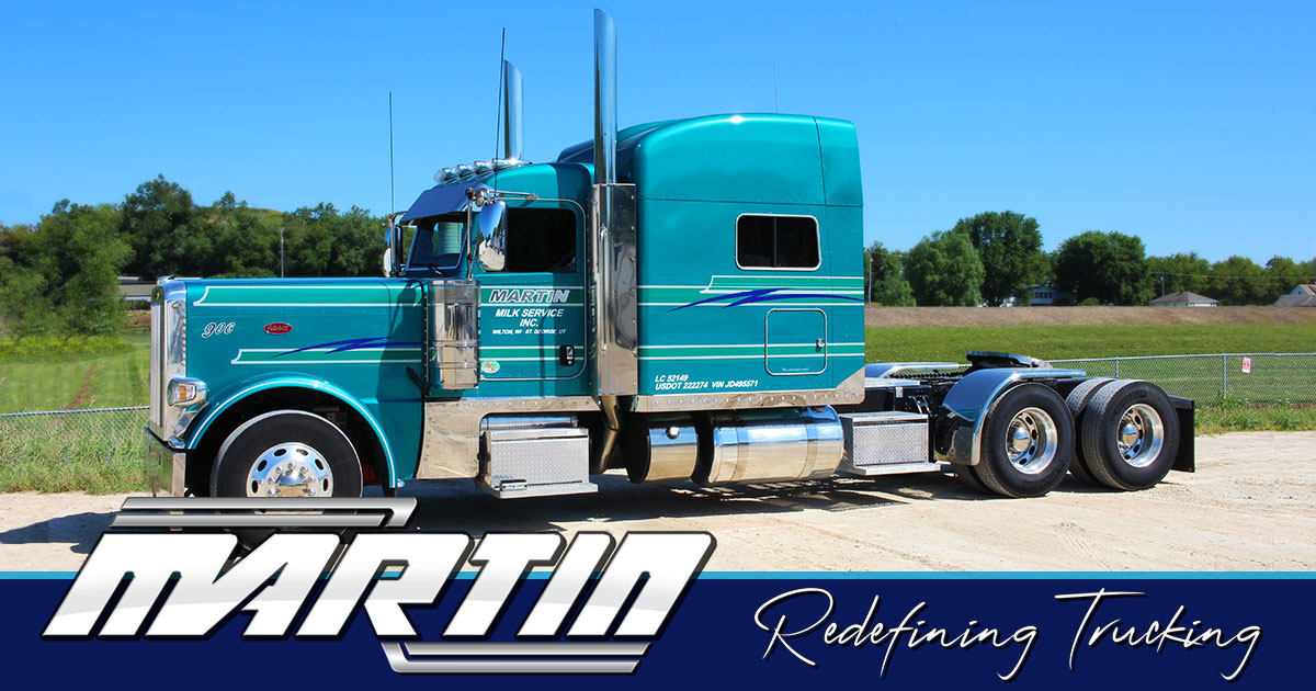 MARTIN: Redefining Trucking green semi truck. CDL jobs sharing image.